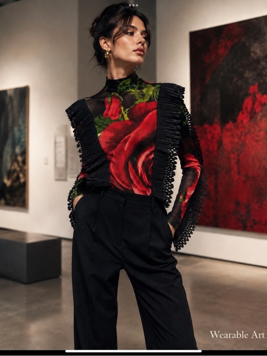 monaco Tops - Wearable Art Romantic Goth Rose Print Mesh Bodysuit Avant Garde Statement Top